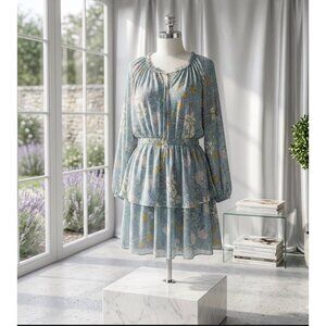 Lauren Conrad Floral Long-Sleeve Tiered Mini Dress Size L With Elastic Waist & R